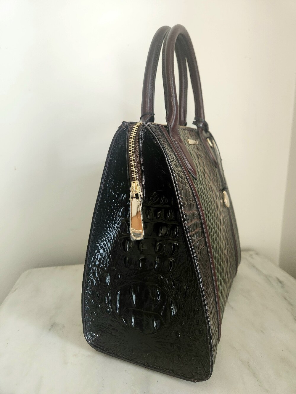 NWT Brahmin Hunter Amaya Caroline Green Brown Croc-Embossed Leather Satchel - Picture 10 of 14